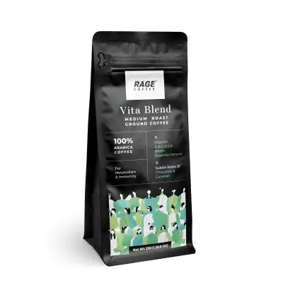 Rage Coffee Vita Blend Ground Coffee Powder For French Press, Moka Pot, South Indian Filter Press - 100% Arabica Beans Freshly Roasted, Aeropress, 250 Gms